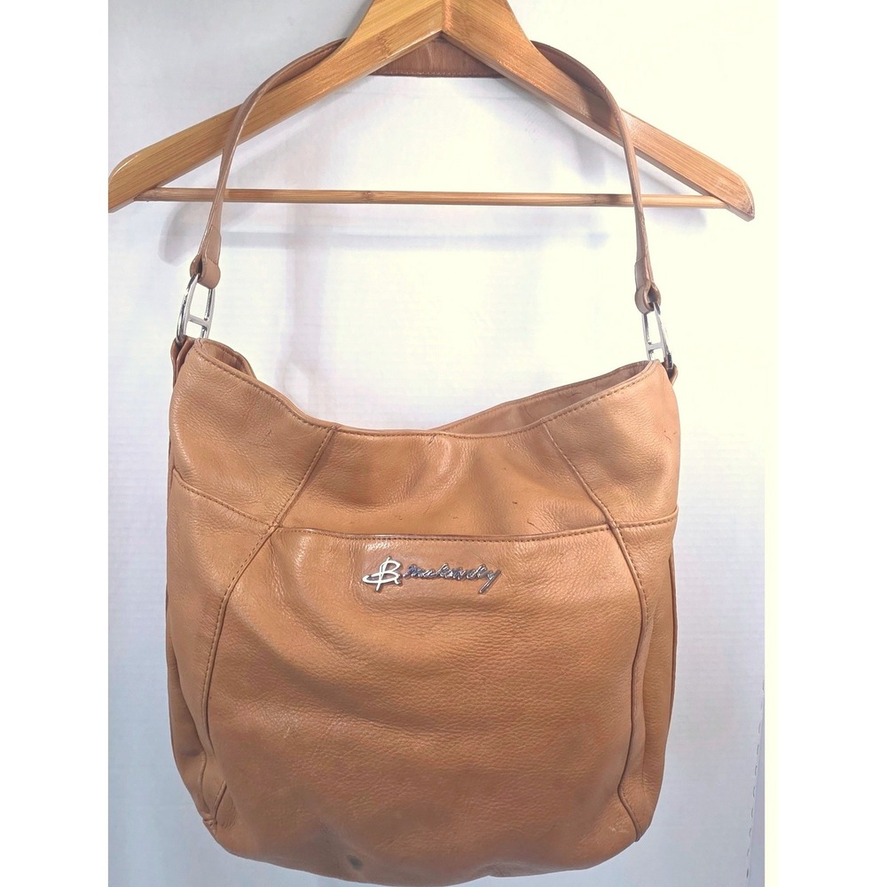B. Makowsky Tan Pebble Leather Hobo Shoulder Bag Cognac Silver Hardware CALLOUTS